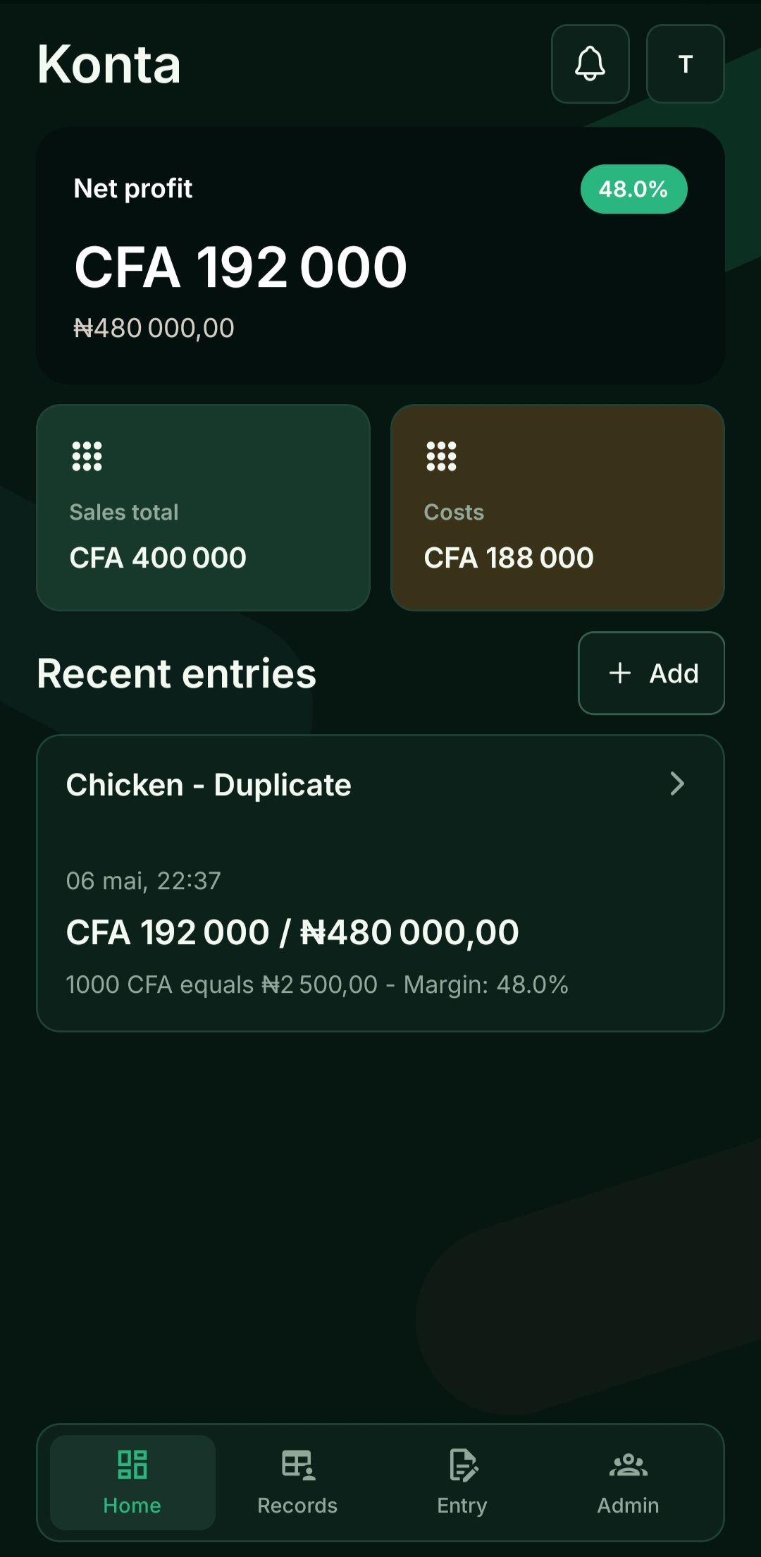 Konta Android dashboard screenshot